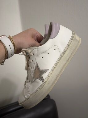 Golden Goose White Leather Sneakers with Silver Star and Pink Heel Tab